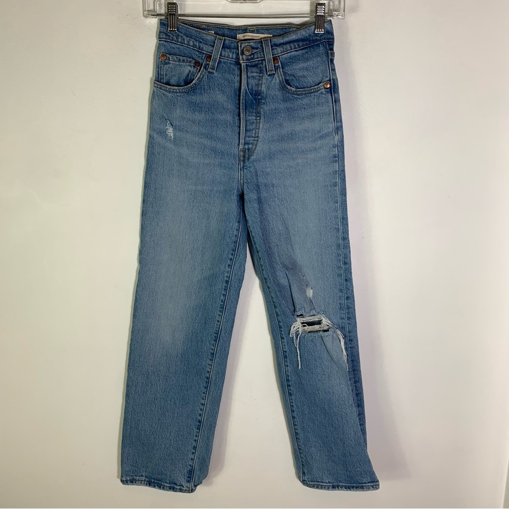 Levi’s Ribcage Straight Jeans Size 24 Distressed Light Wash Ankle Cropped - Picture 1 of 7